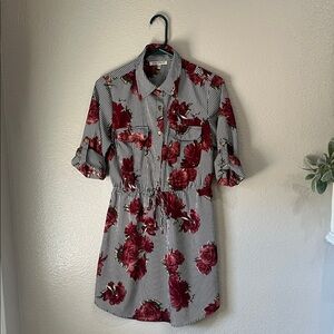 Speed Control Black White Striped Dress Red Floral Accents Sz S Casual TC0297
